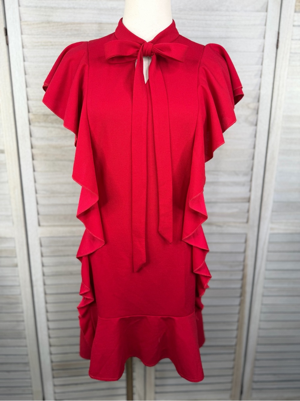 Red Ruffled Mini Dress with Tie Neck Women's-Medium